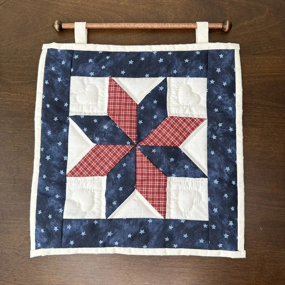 Handmade Quilt Wall Hanging Folk Americana Star Country Barn Red Blue Quilted